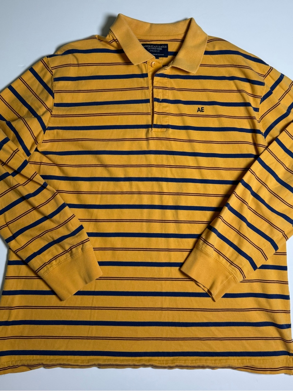 American Eagle AE Long Sleeve Polo Shirt Men L Yellow Navy Striped Preppy Y2K